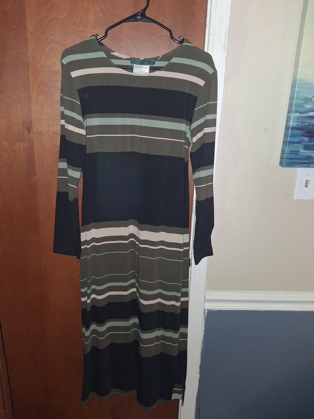 Harve Benard Olive, Black & Cream Striped Long Sleeve Maxi Dress